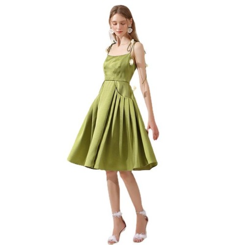 French sexy suspender skirt summer niche design camellia lace waist pocket  olive green women's dress