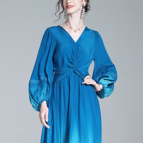 sachin and babi light blue dress Top Fashion Elegant Women Autumn Dress Crepe De Chine Ladies Silk V-Neck  Dress 100% Mulberry Silk Floor-Length Dresses Women