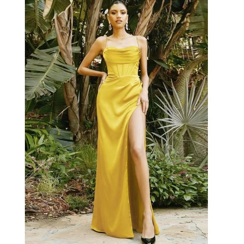 Sleeveless Black Crystallized Corset High Slit Satin Gown One Shoulder Maxi  Dress Woman With Slit